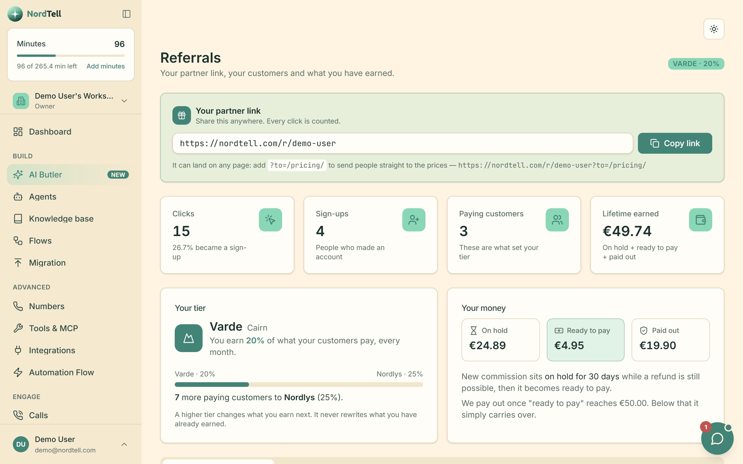 The NordTell partner dashboard: partner link, clicks, sign-ups, paying customers, lifetime earned, the tier bar and the money cards